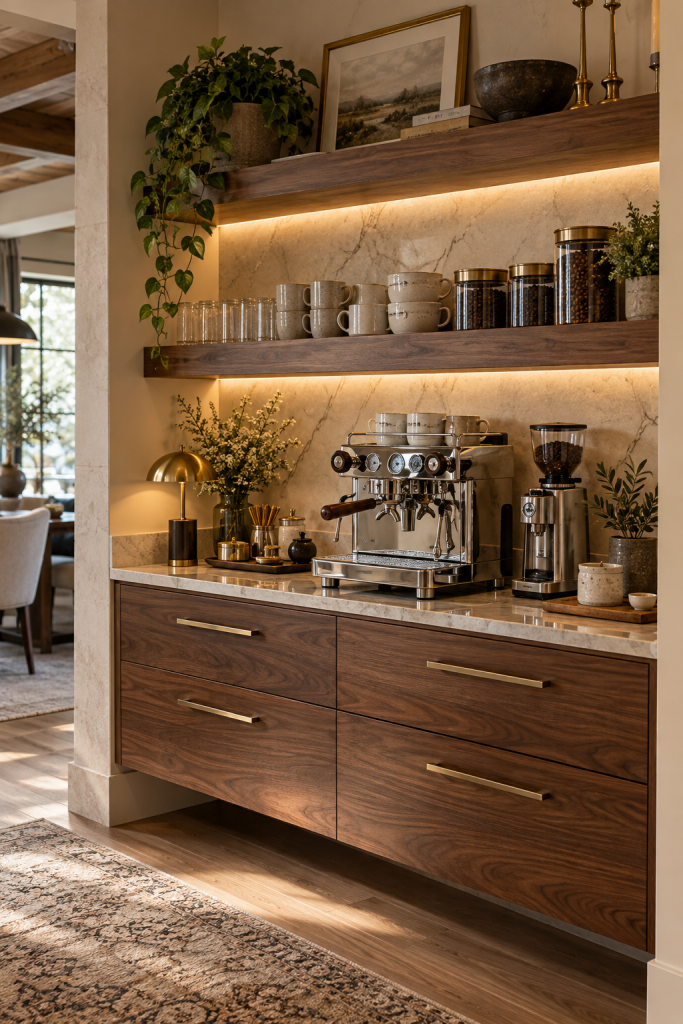 Luxury built-in home coffee bar with walnut cabinetry, marble countertop, espresso machine, grinder and illuminated shelving