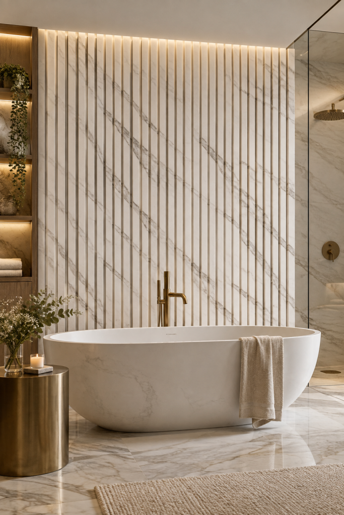 White marble slat wall panels behind a freestanding bath with brass fixtures in a spa-style bathroom