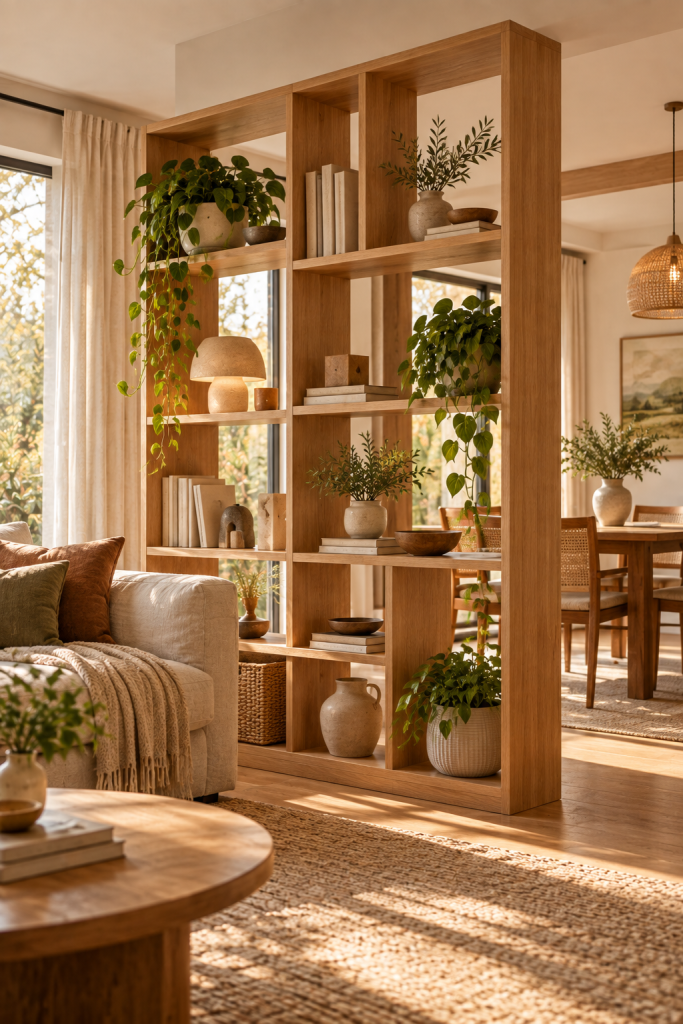 Open wood shelving partition styled with plants books and ceramics between a cosy living room and dining area