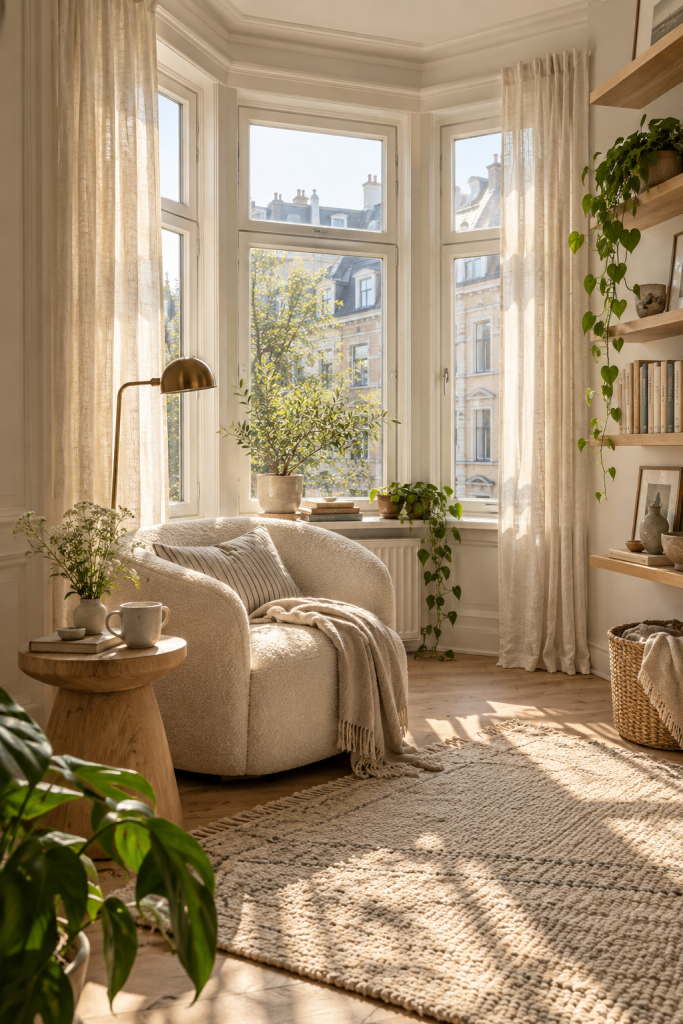 Bright Scandinavian reading nook with a rounded cream armchair, pale wood side table, linen curtains and houseplants