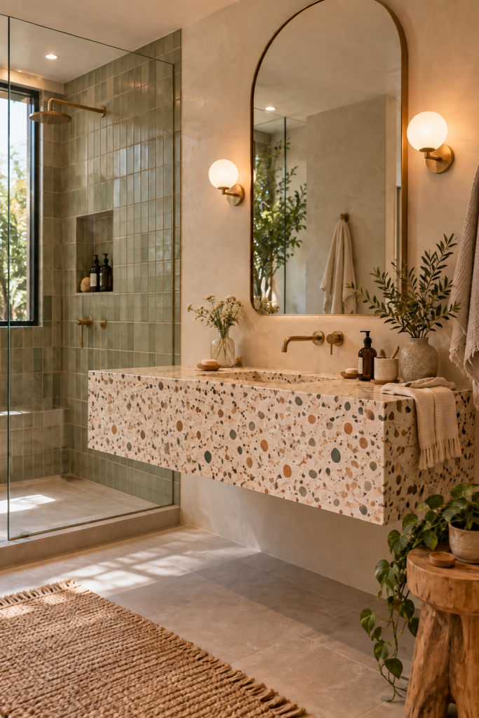 Chunky terrazzo floating bathroom vanity with integrated basin, brass wall-mounted tap and soft neutral styling