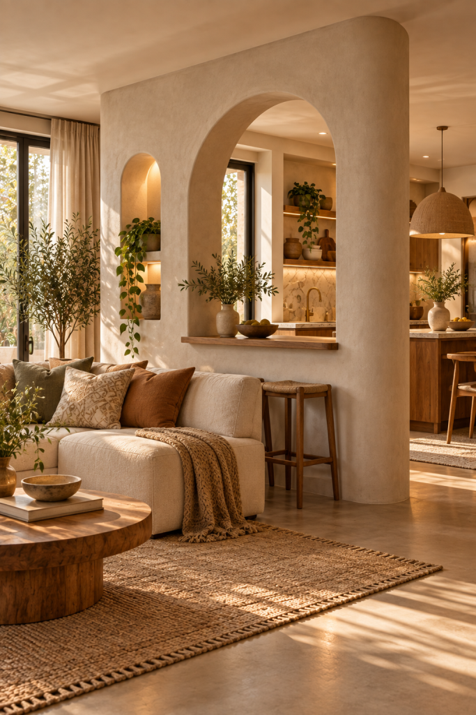 Arched microcement partition wall with a display niche separating a warm neutral living room from the kitchen