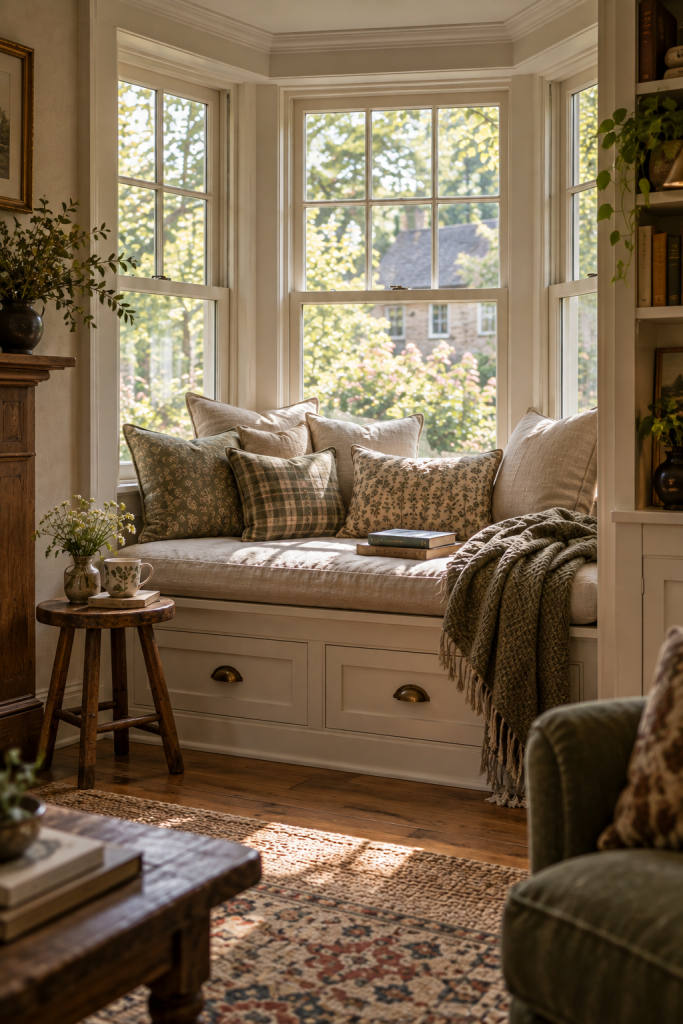 Traditional bay window reading nook with a built-in cushioned seat, patterned pillows, books and warm natural light