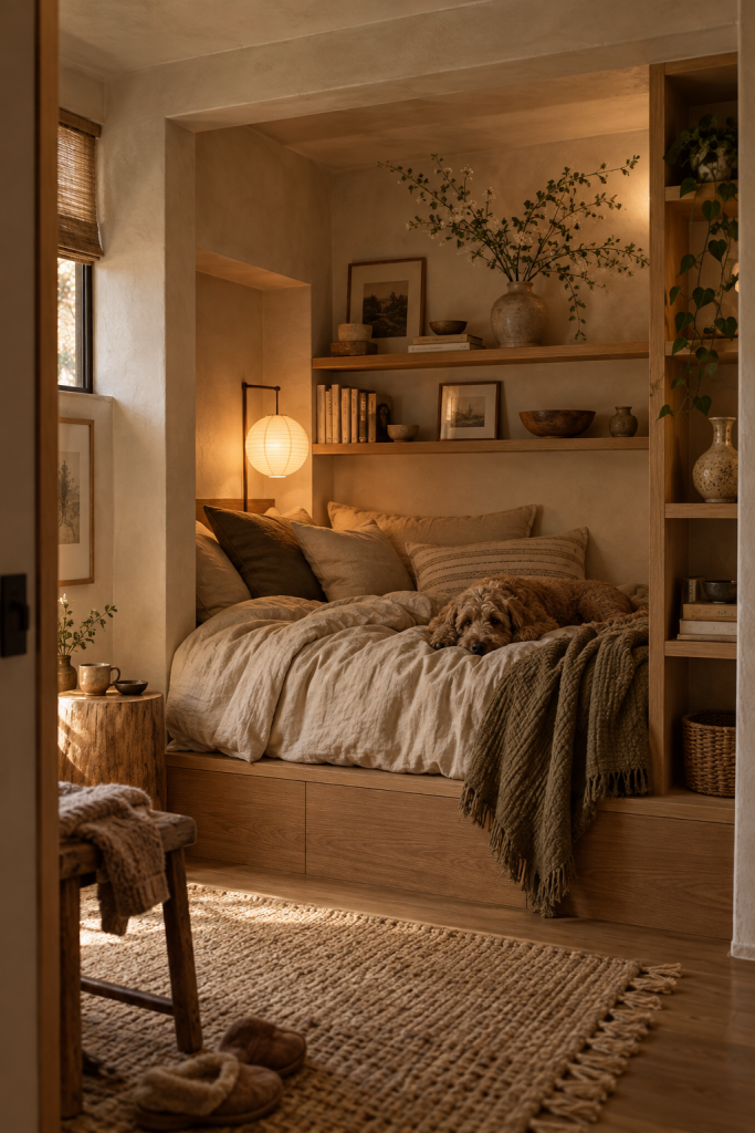 Cosy Japandi built-in bed nook with timber shelving, hidden storage, paper lamp and layered natural bedding