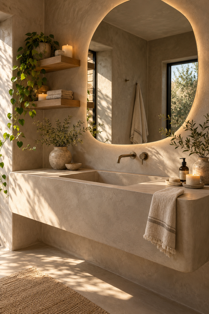 Curved beige microcement floating vanity with integrated sink, rounded edges and warm under-vanity lighting