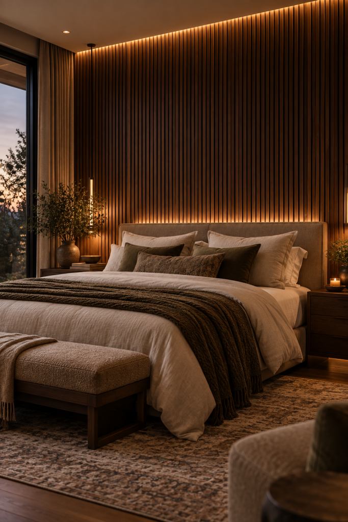 Dark walnut slat wall panels with warm LED lighting behind a neutral upholstered bed in a cosy bedroom