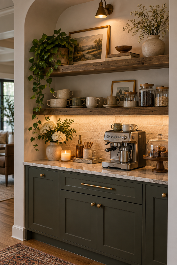 Moody rustic home coffee bar with dark wood cabinetry, coffee machine, mugs, warm lighting and natural decor