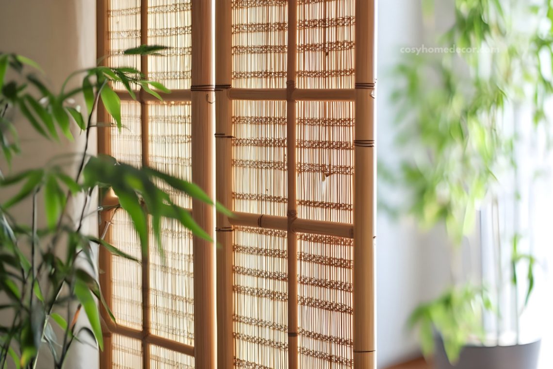 Room divider ideas featuring wood slats, shelving, folding screens, glass partitions and curtains in warm stylish interiors