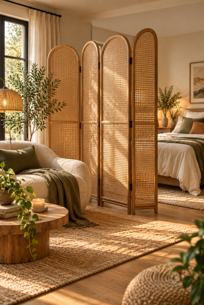 Arched rattan folding screen used as a natural room divider between a cosy bedroom and sitting area