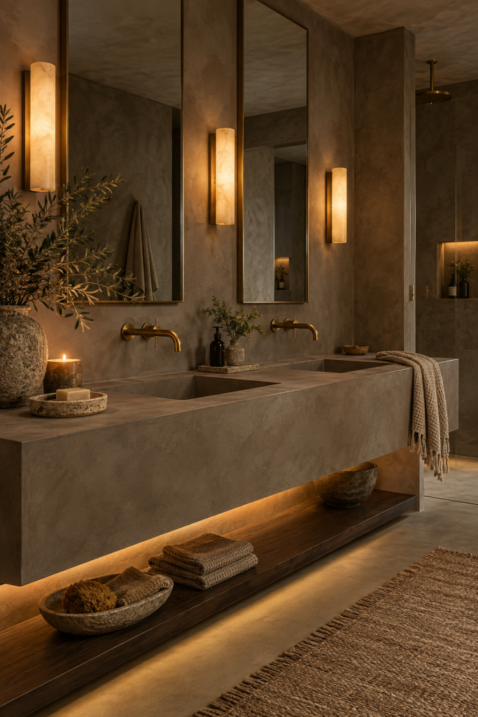 Long taupe microcement floating double vanity with two integrated sinks, brass wall taps and illuminated wood shelf below