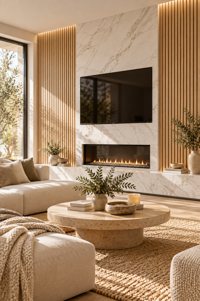 Light oak slat panels framing a white marble television and fireplace wall in a bright neutral living room