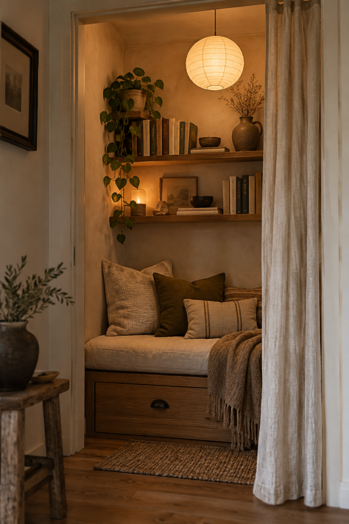 Rustic reading nook with built-in bookshelves, upholstered bench, warm accent lighting and natural wood floors