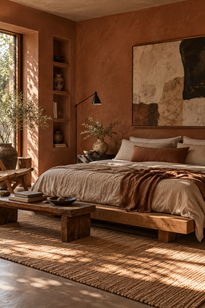 Warm clay-toned Japandi bedroom with low timber bed, abstract wall art, black reading lamp and natural textures