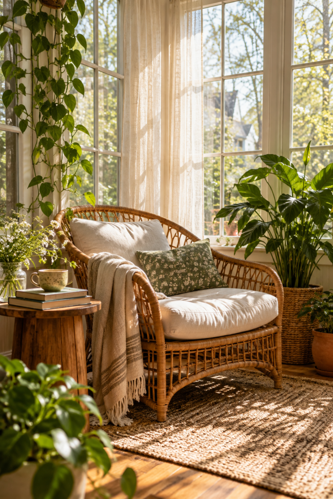 Botanical reading nook with a rattan armchair, leafy houseplants, large windows, a small wood table and soft natural textiles