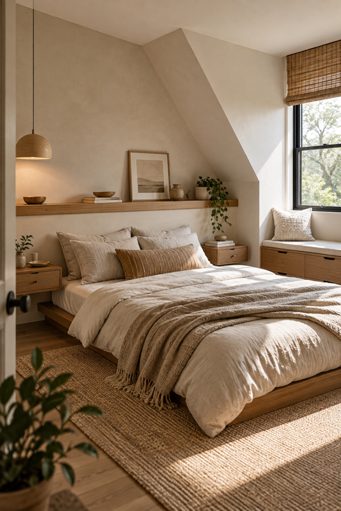 Small Japandi bedroom with low platform bed, floating bedside drawers, wall shelf, window seat and neutral decor