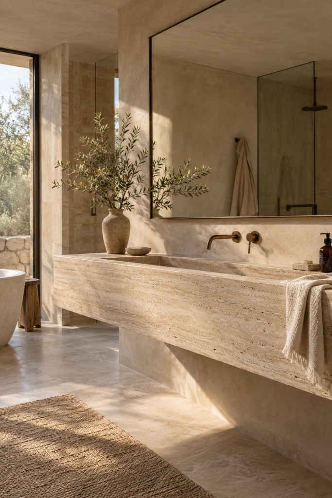 Long travertine floating bathroom vanity with integrated trough sink, brass wall tap and warm Mediterranean interior