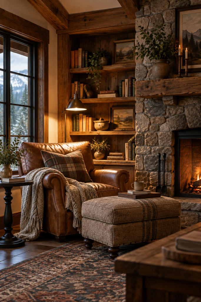 Cosy reading nook beside a stone fireplace with a leather armchair, built-in bookshelves, footstool and warm lamp light