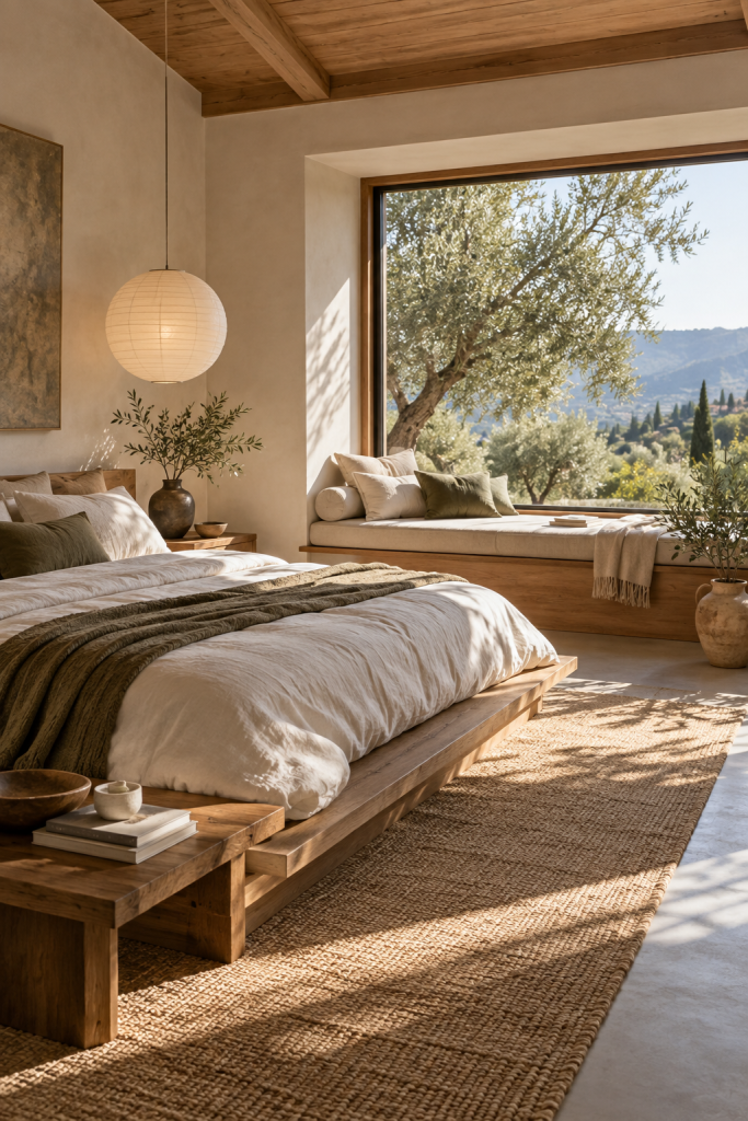 Sunlit Japandi bedroom with a low wood bed, built-in window bench, paper pendant and green countryside view