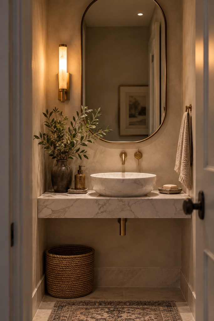 Slim floating marble shelf vanity with round vessel sink, brass wall tap and arched mirror in a small powder room
