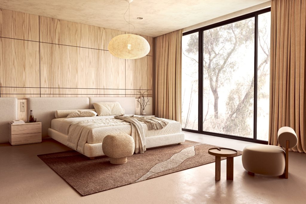 Japandi bedroom decor ideas featuring low platform beds, natural wood, paper lighting, plaster walls, linen textiles and warm neutral tones