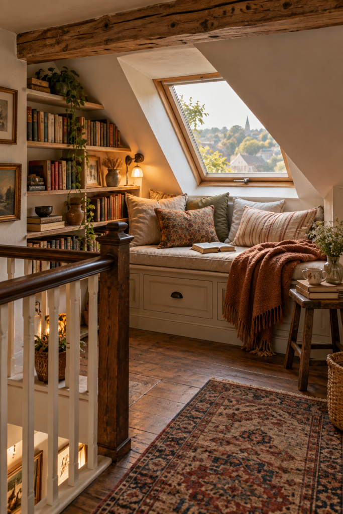 Attic reading nook with a built-in window seat, bookshelves, warm textiles, skylight view and vintage-style decor