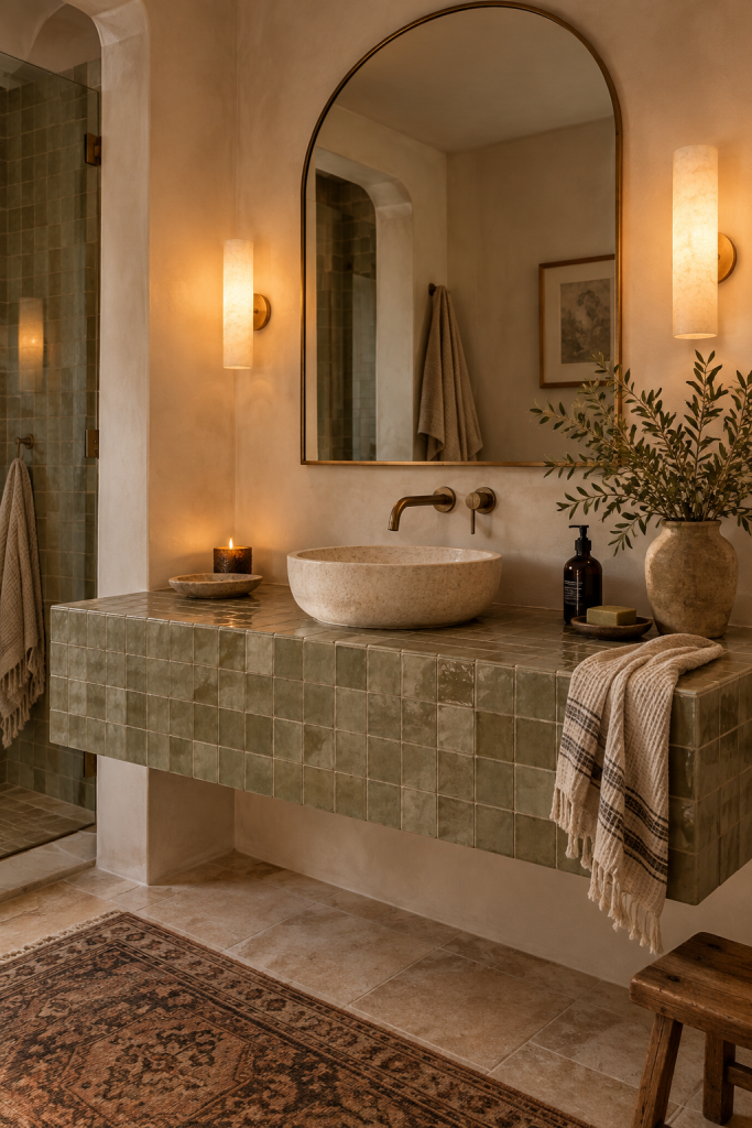 Earthy Mediterranean floating bathroom vanity with warm plaster walls, stone basin and natural wood details