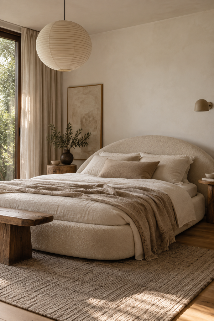 Soft greige Japandi bedroom with a low wood bed, black accents, natural textiles and warm minimalist styling