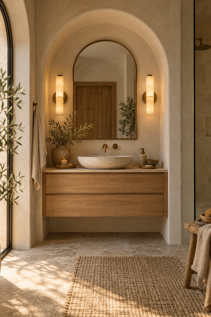 Light wood floating vanity set inside a softly arched plaster niche with stone vessel sink and warm wall lights
