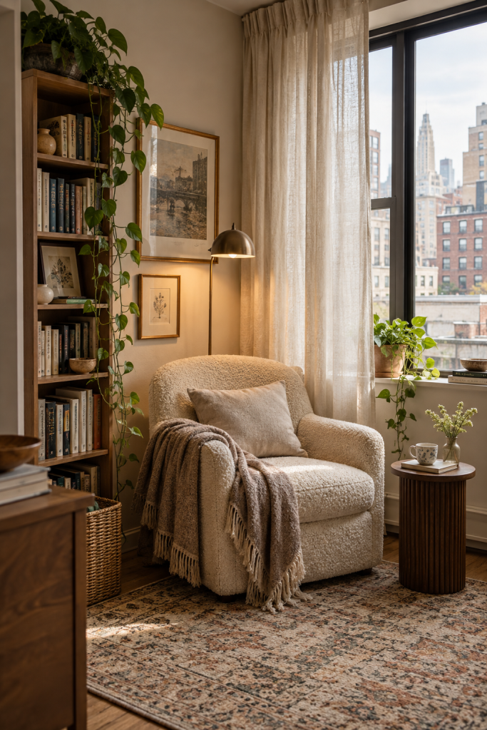 Urban apartment reading nook with a cream armchair, tall bookcase, city view, floor lamp and trailing houseplants