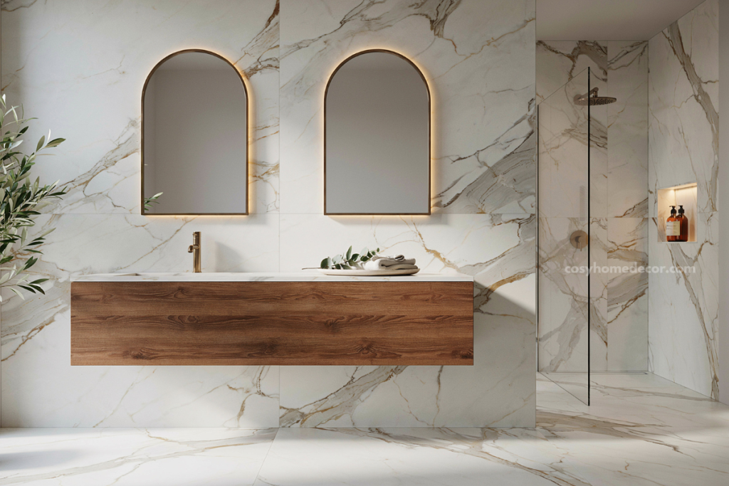 Floating vanity ideas featuring fluted wood, black cabinets, travertine, terrazzo, marble and microcement bathroom designs