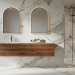 Floating vanity ideas featuring fluted wood, black cabinets, travertine, terrazzo, marble and microcement bathroom designs