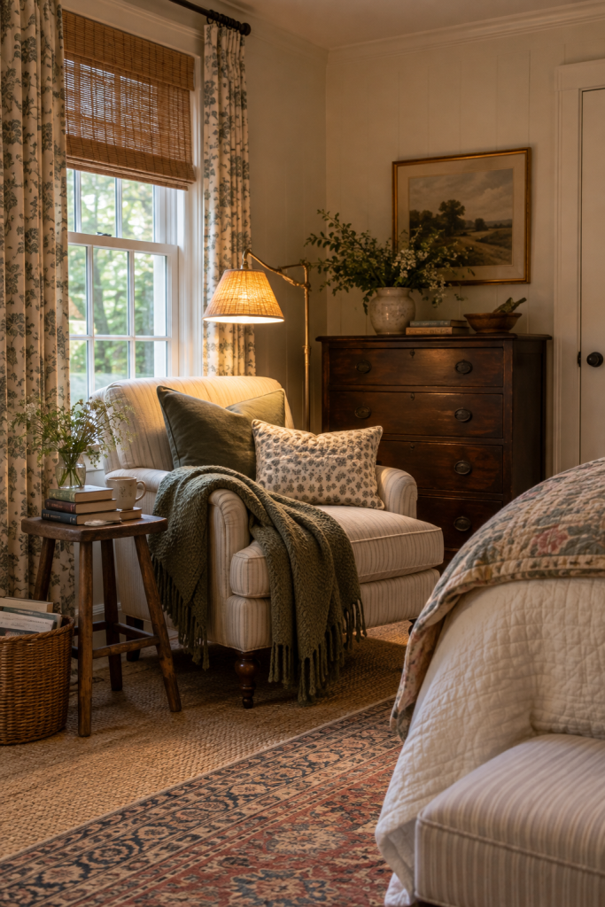 Cosy bedroom reading nook with a soft armchair, floral curtains, vintage wood furniture, books and a warm reading lamp