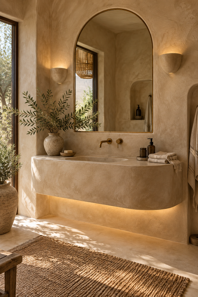 Mediterranean plaster floating vanity with integrated stone sink, arched mirror and warm natural bathroom finishes