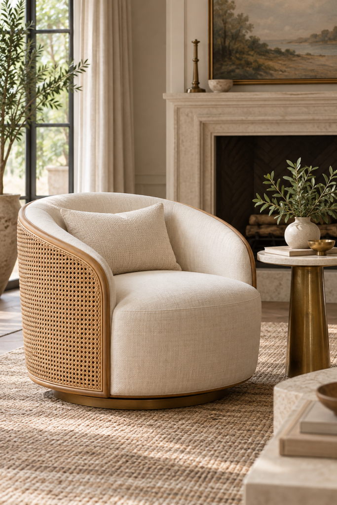 Cream upholstered barrel swivel chair with curved cane sides in an elegant neutral living room