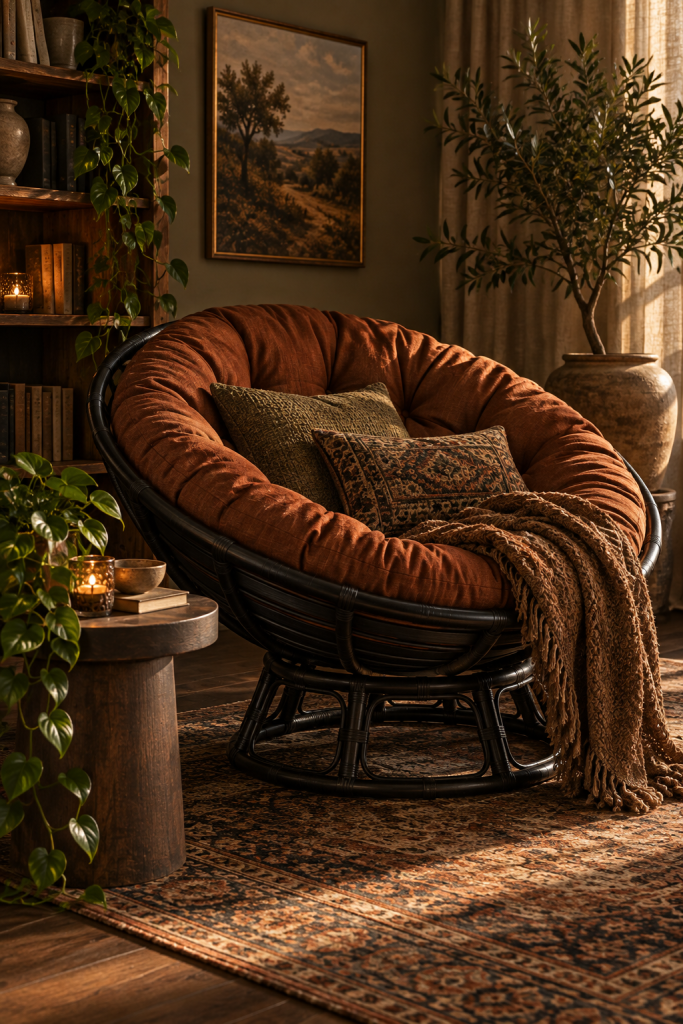 Dark rattan statement chair with rust upholstery in a moody olive and walnut reading corner