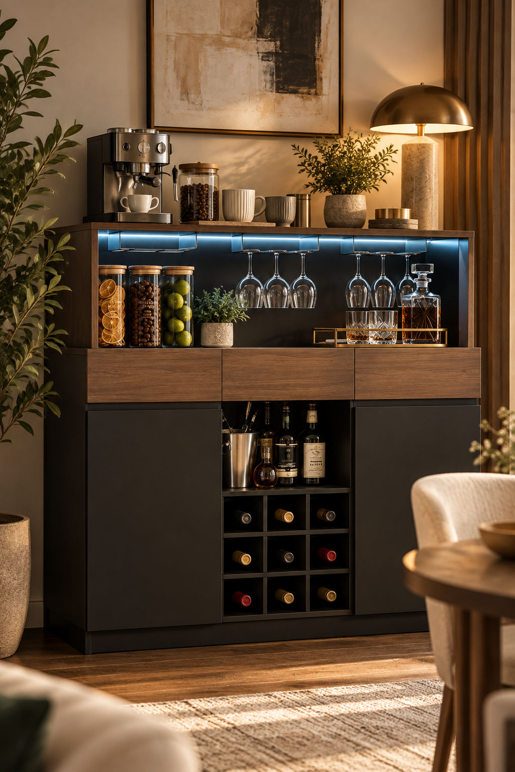 Modern dark walnut and black coffee and wine bar cabinet with blue LED lighting, hanging stemware, bottle storage and espresso machine