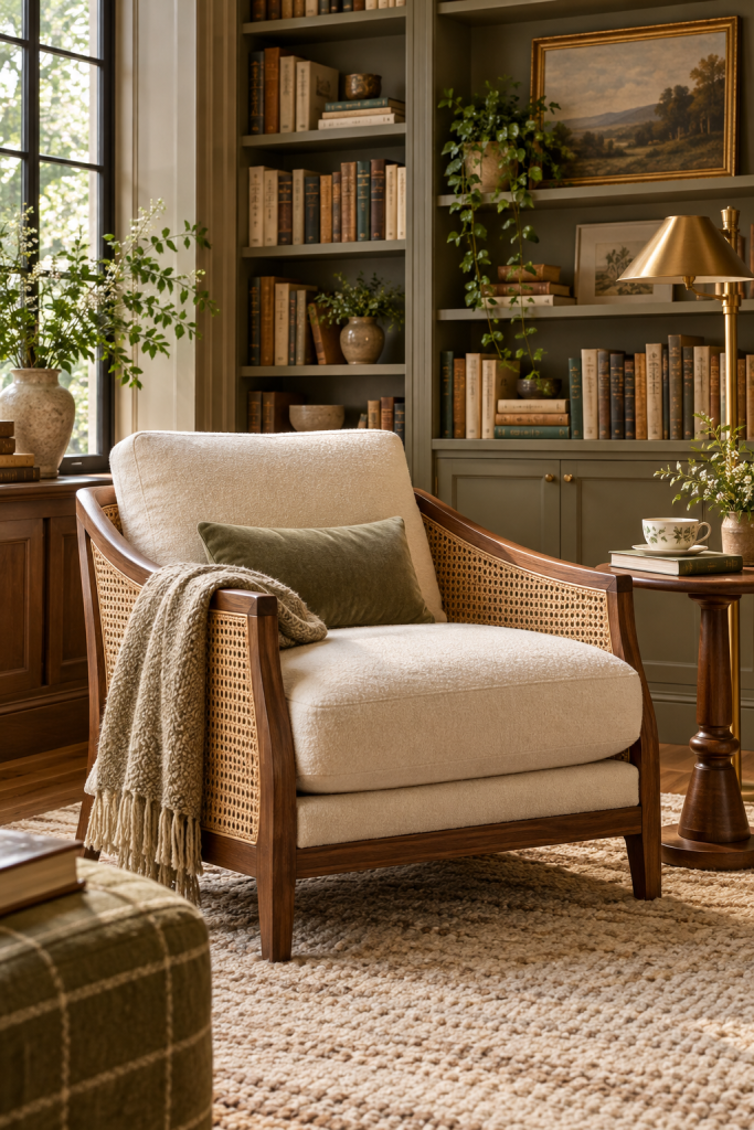 Wide cream upholstered lounge chair with woven cane sides in an olive-toned home library
