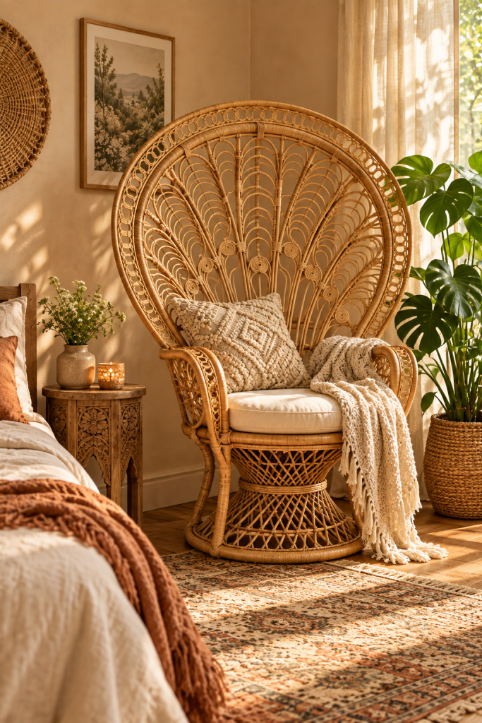 Tall natural rattan peacock chair with a fan-shaped woven back in a warm bohemian bedroom corner