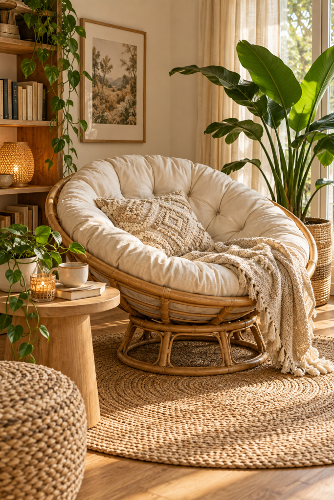 Round rattan lounge chair with a deep cream cushion in a sunlit reading corner