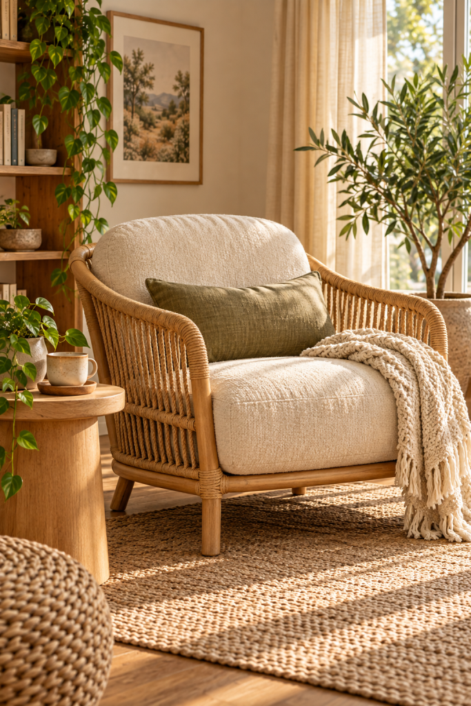 Upholstered cream accent chair with braided rattan-style arms in a warm neutral reading corner