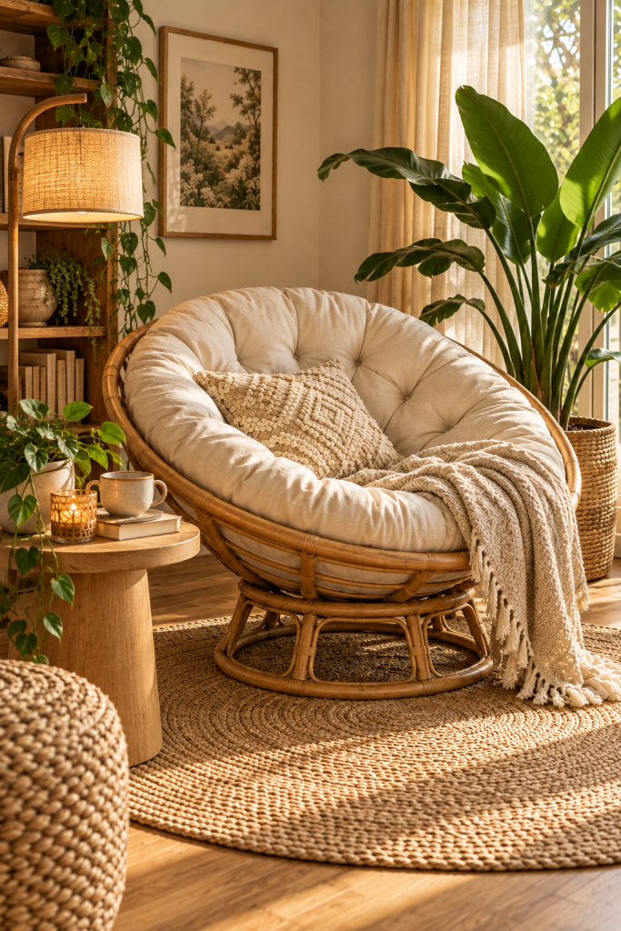 Deep round papasan rattan chair with a thick cream cushion in a warm boho reading nook