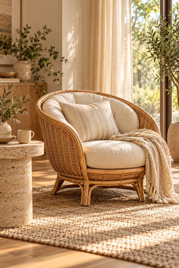 Curved natural rattan barrel-back accent chair with cream upholstery in a warm neutral living room