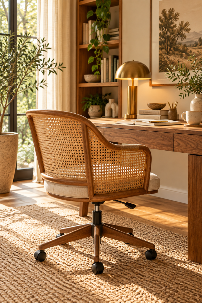 Wood and cane swivel desk chair in a warm walnut home office with natural light