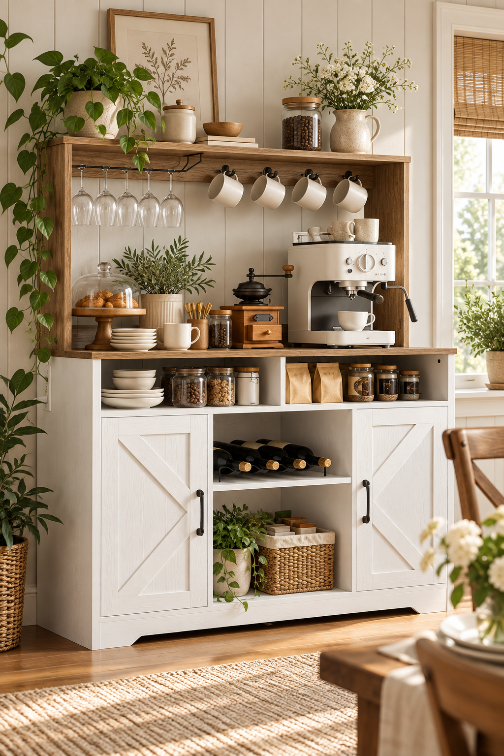 Farmhouse coffee bar hutch with white barn-door cabinets, warm wood top, hanging mugs and wine glasses, open storage and espresso machine