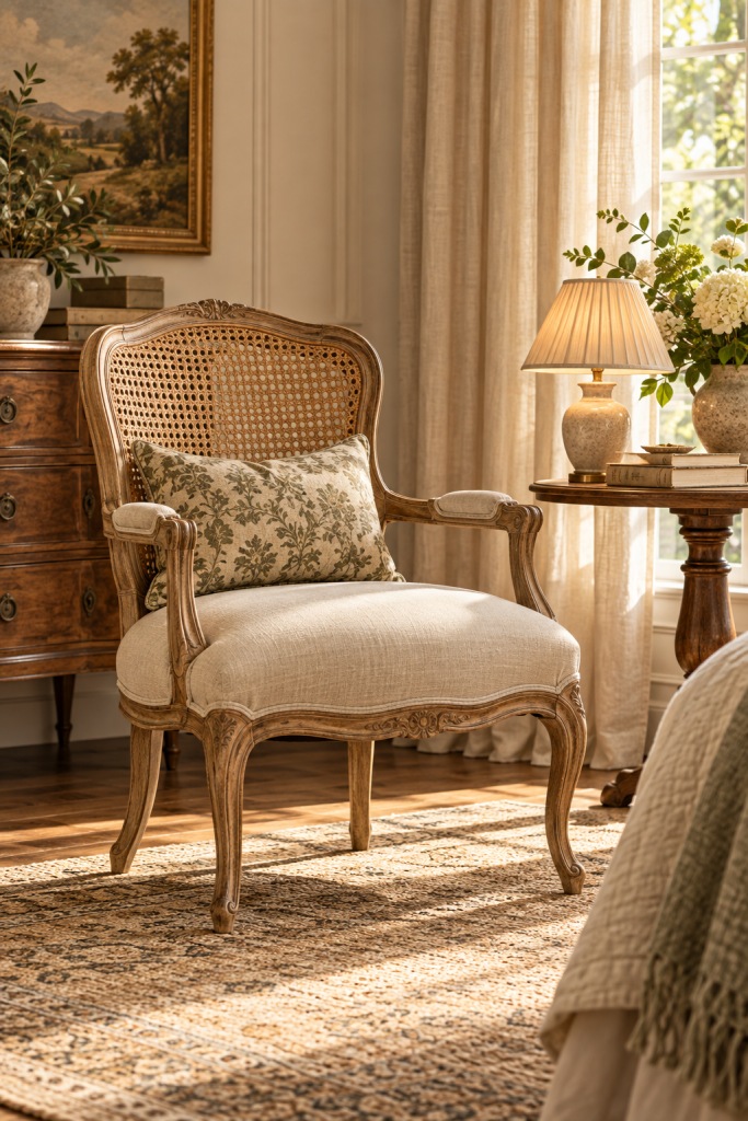 French-style carved wood accent chair with cane back and cream upholstery in an elegant bedroom corner