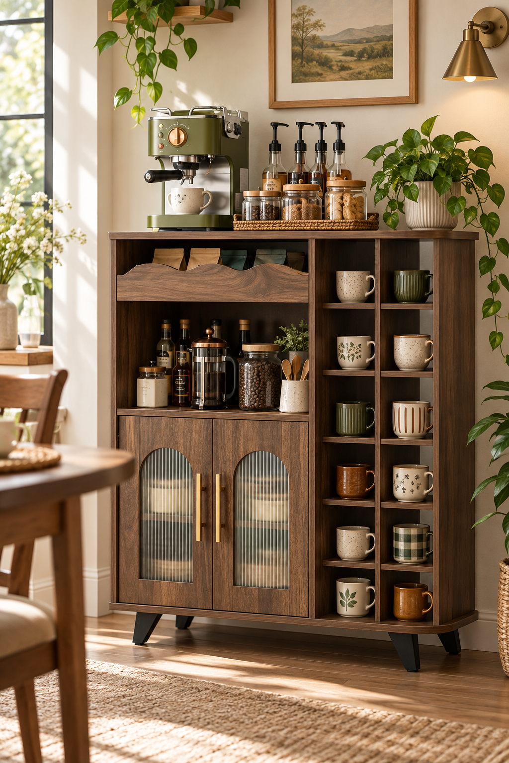 Compact walnut coffee bar cabinet with vertical mug display cubbies, fluted glass doors, open storage and espresso machine