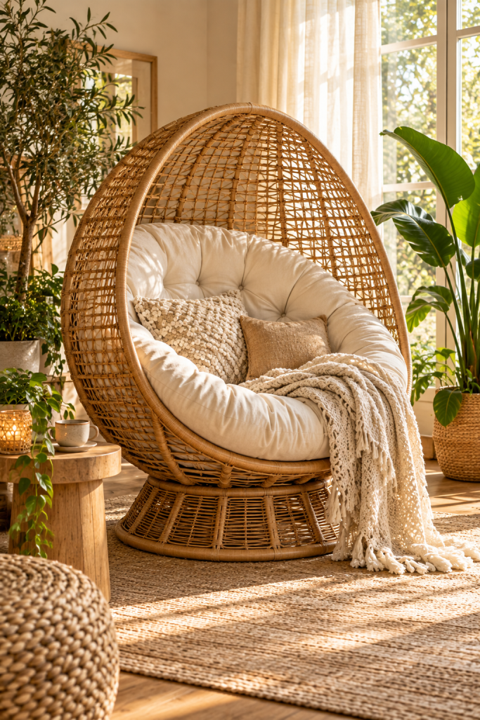 Oversized wicker egg chair with cream cushions in a bright plant-filled reading nook