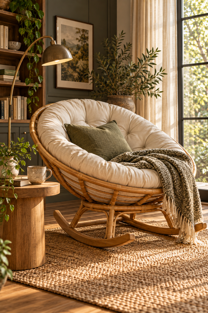 Natural rattan rocking chair with cream upholstery and an olive cushion beside a sunny window