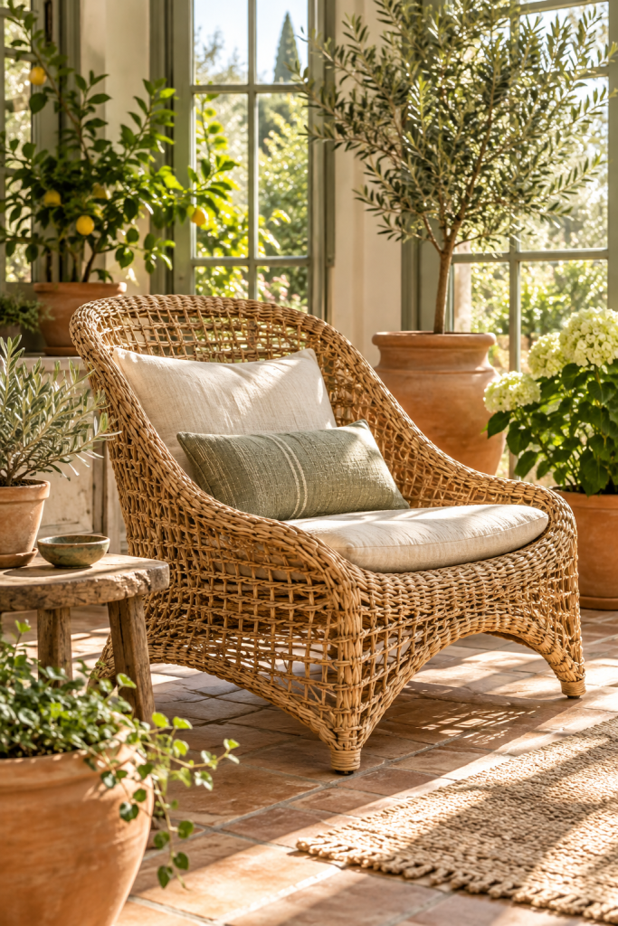 Handwoven natural rattan lounge chair with cream cushions in a sunny Mediterranean-style conservatory