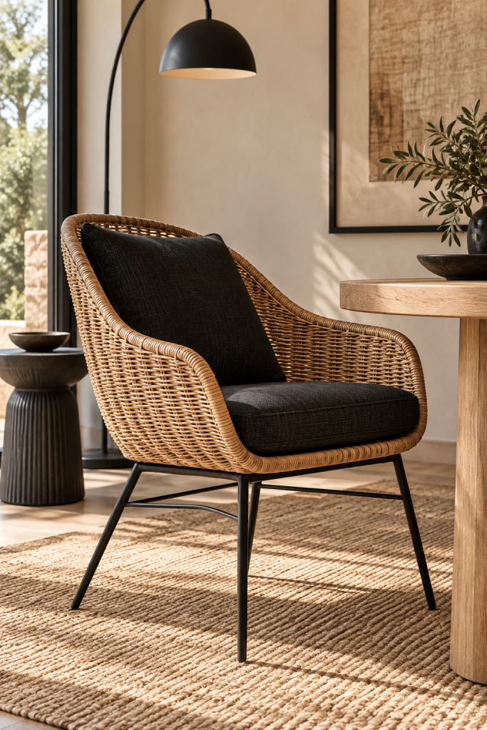 Natural wicker accent chair with a black cushion and slim black metal legs in a modern neutral room